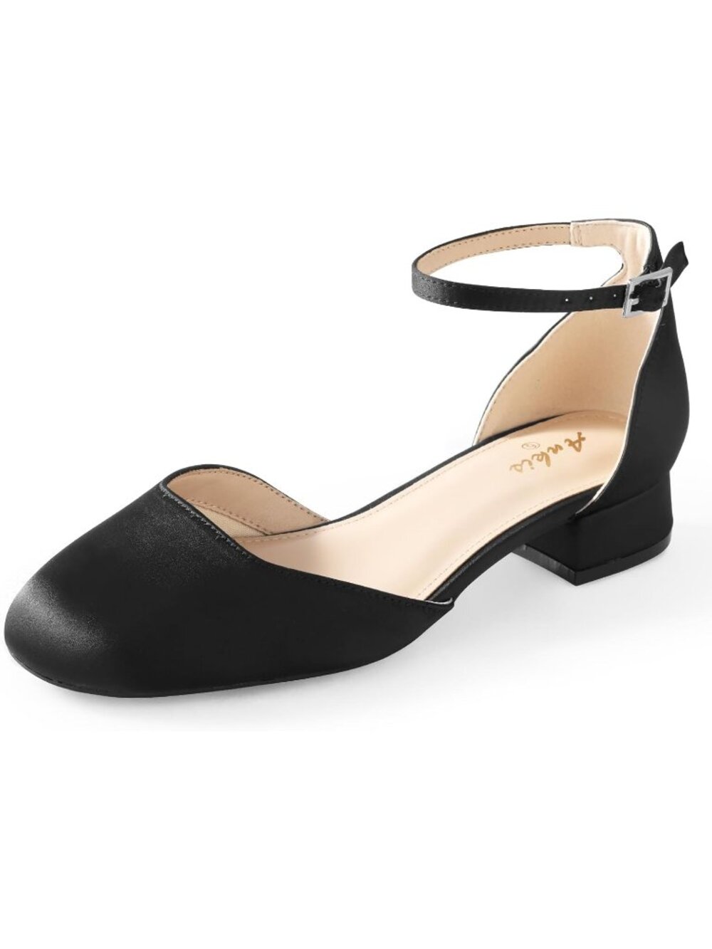 Women's Black Satin Closed Toe 1 Inch Flat Low Block Heel Ankle Strap Shoes